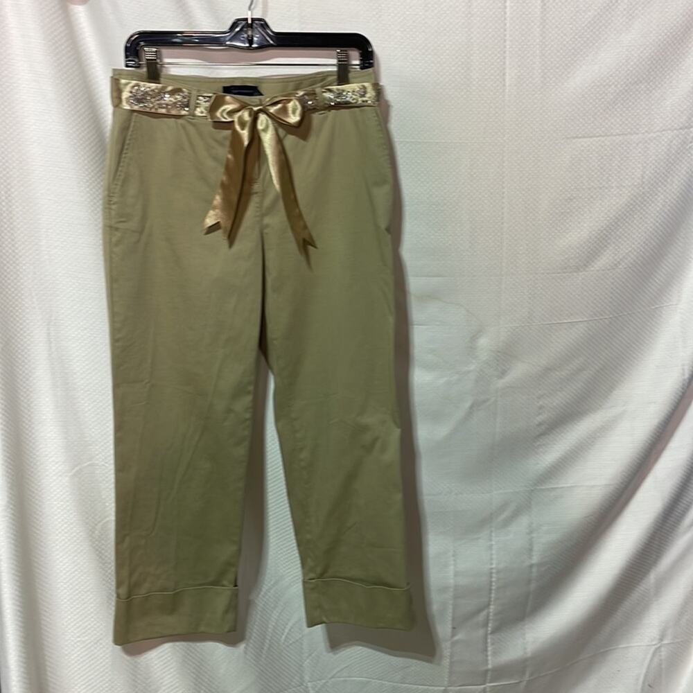 Context 4 tan capri cuffed pant w/pockets satin beaded belt cotton spandex nwt